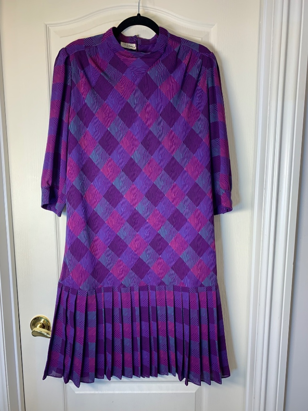 Ultima Paris Pleated Vintage Dress Purple Pink Turquoise Diamond Print Size M 80